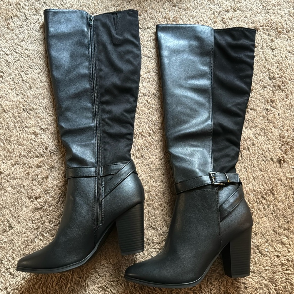 Size 8.5 knee-high black leather & suede boots with heel and zipper - brand new